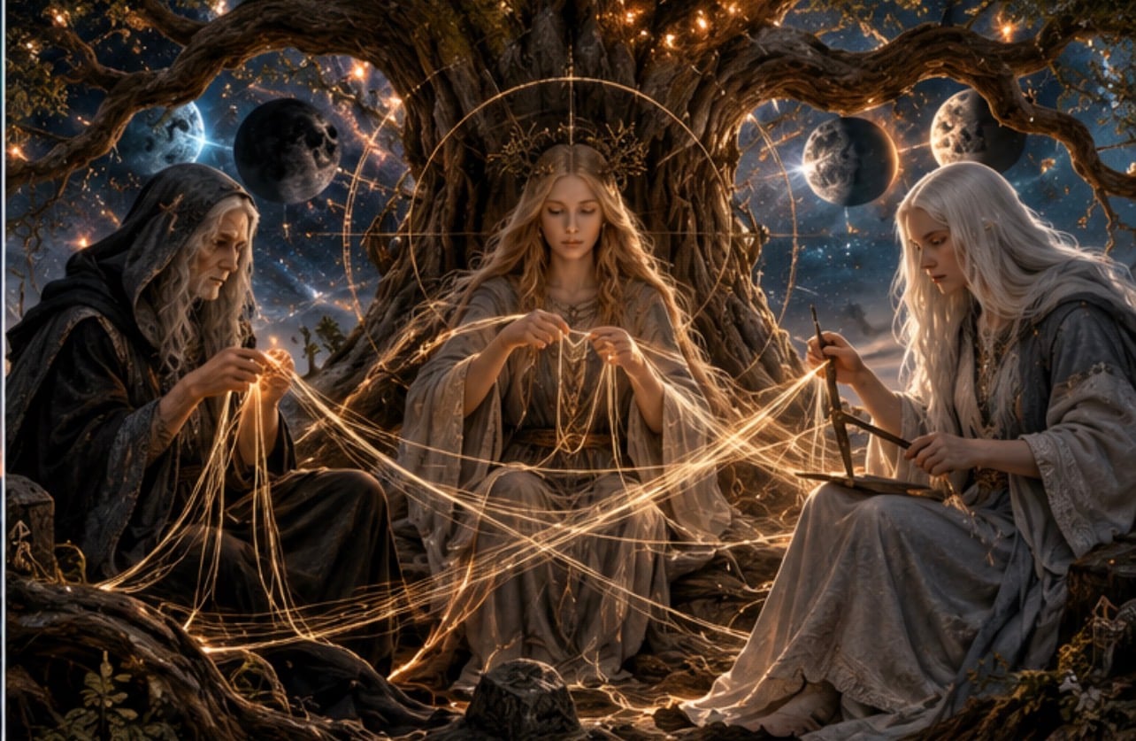 The Wheel of fate

Nornerne - Skæbnens tråde
Fortiden er vævet, nutiden formes, og fremtiden venter.

Urd; Verdande og Skuld væver livets tråde, men husk, selvom skæbnen har sin tråde, har dine valg også betydning. 